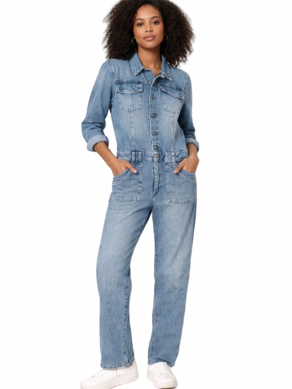 NWT Warp + Weft Sadie Light Wash Denim Boiler Jumpsuit Size L Stretch Relaxed